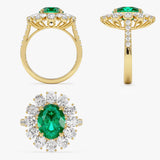 5.30 Ctw 14k Lab Grown Colombian Emerald and Oval Diamond Halo Statement Ring - Nysa Ferkos Fine Jewelry