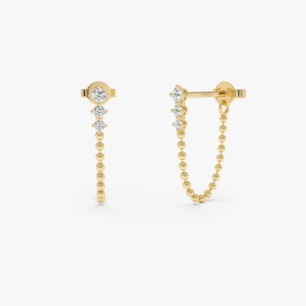 14K Gold Round Diamond Beaded Chain Drop Stud Earrings - 0.21 Ctw 14k Gold Ferko's Fine Jewelry
