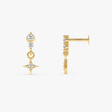 0.09 ctw 14K Gold Star Dangle Lab Grown Diamond Flat Back Piercing - 14k Gold, view 2