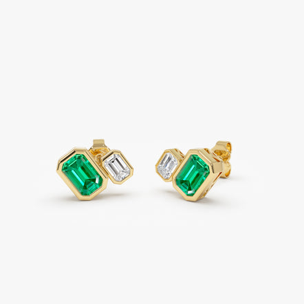 1.26 ctw 14K Lab Grown Emerald & Emerald Cut Diamond Toi et Moi Stud Earrings 14k Gold Ferko's Fine Jewelry