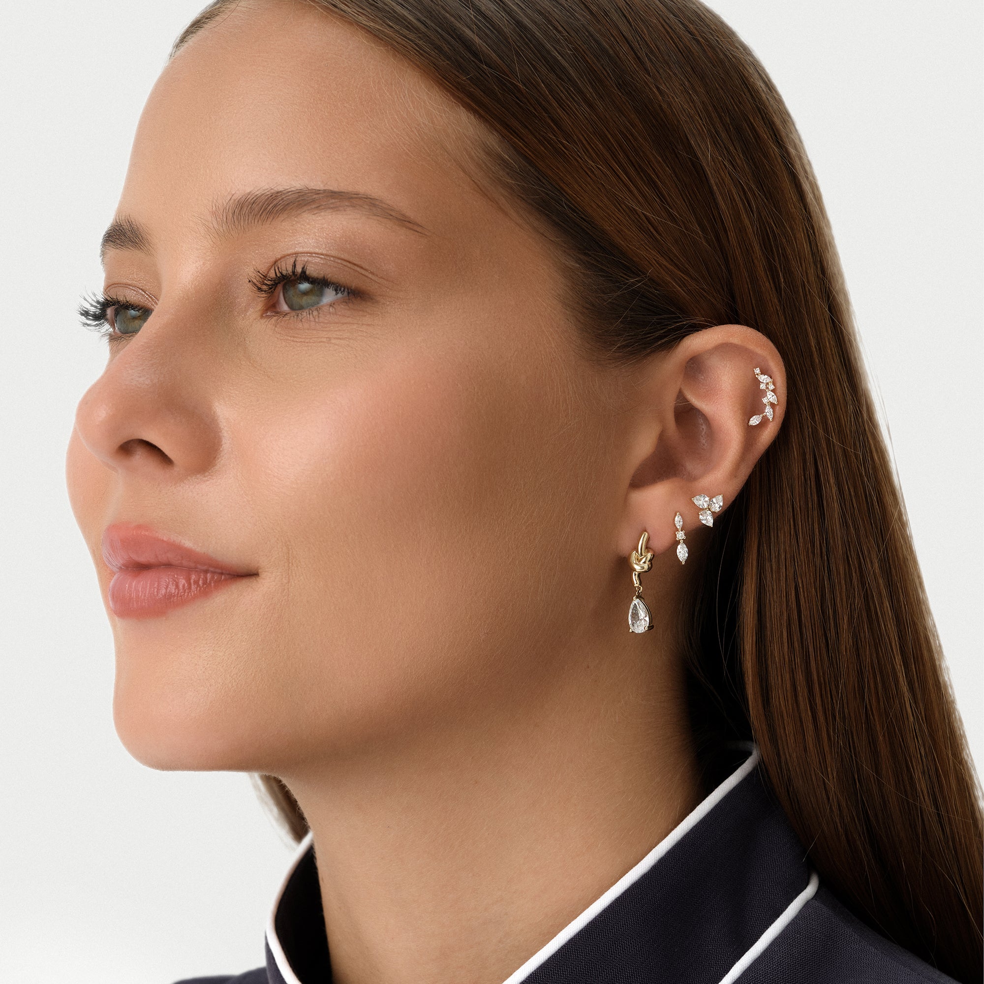 0.20 ctw 14K Gold Marquise Lab Grown Diamond Cluster Flat Back Stud, worn on model, view 2