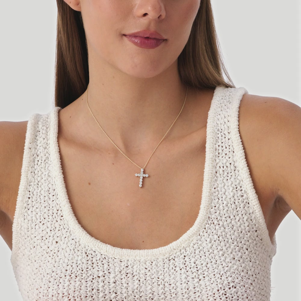 14K Gold Round Lab Grown Diamond Cross Necklace - 1.10 ctw Ferkos Fine Jewelry