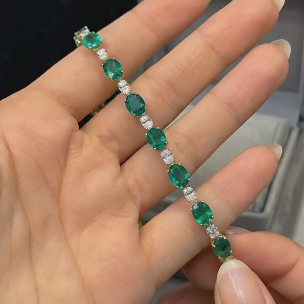 15.75 ctw 14k Lab Grown Colombian Oval Emerald and Oval Diamond Bracelet - Molly Ferkos Fine Jewelry