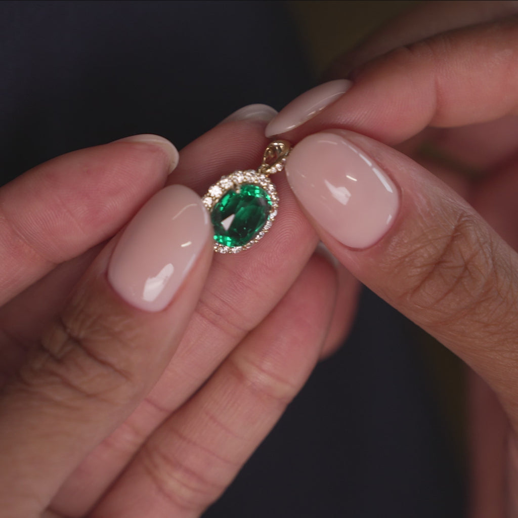 3.60 Ctw 14k Lab Grown Colombian Emerald and Diamond Halo Pendant Necklace - Aura Ferkos Fine Jewelry