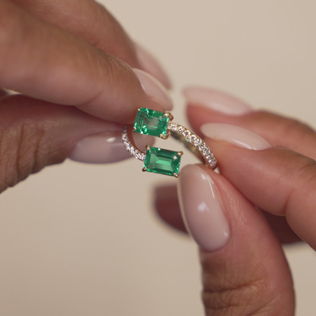 1.15 Ctw 14k Lab Grown Emerald and Diamond Bypass Statement Ring - Danae Ferkos Fine Jewelry