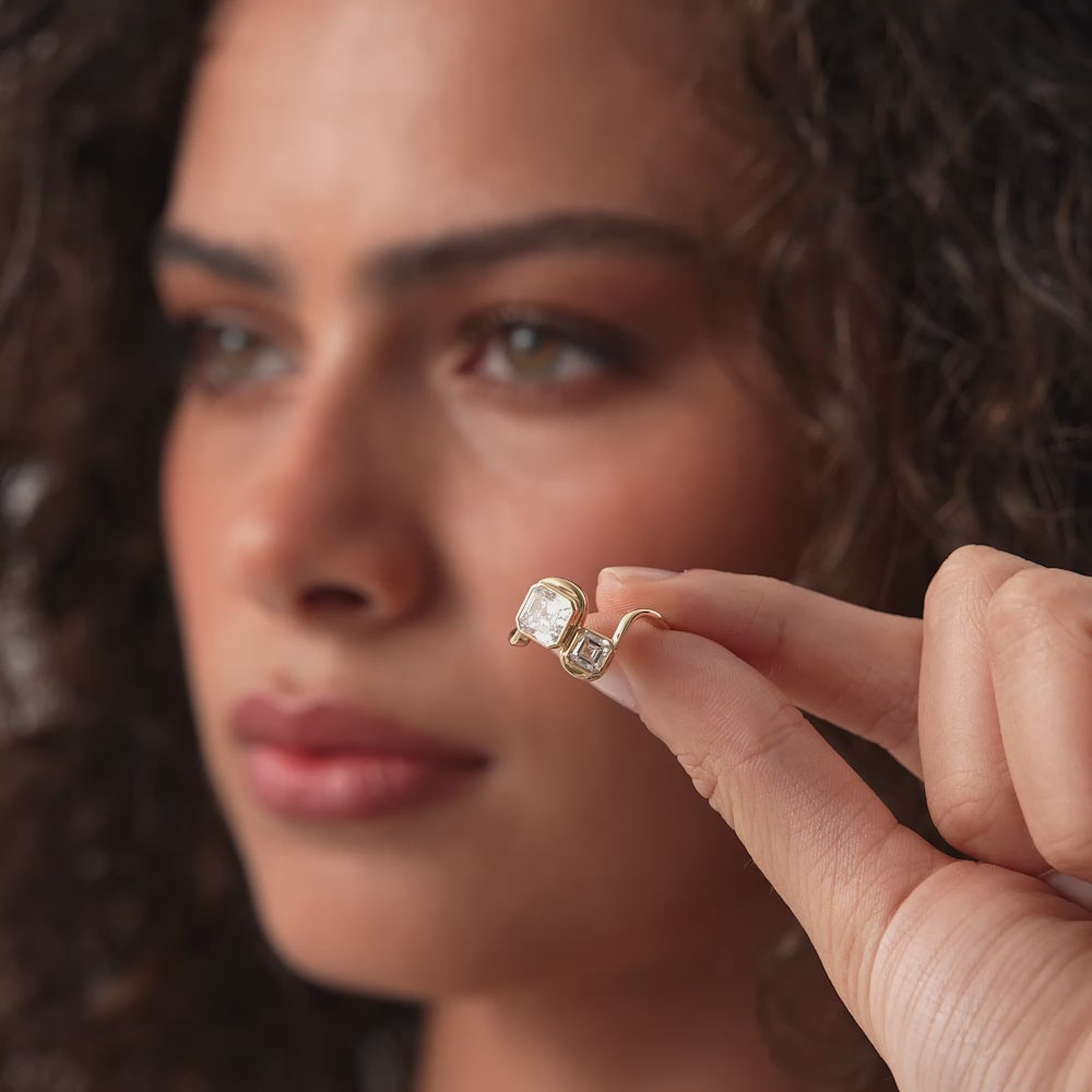 2.10 Ctw 14k Bezel Setting Asscher Cut Lab Grown Diamond Unique Toi Moi Ring - Paola Ferkos Fine Jewelry