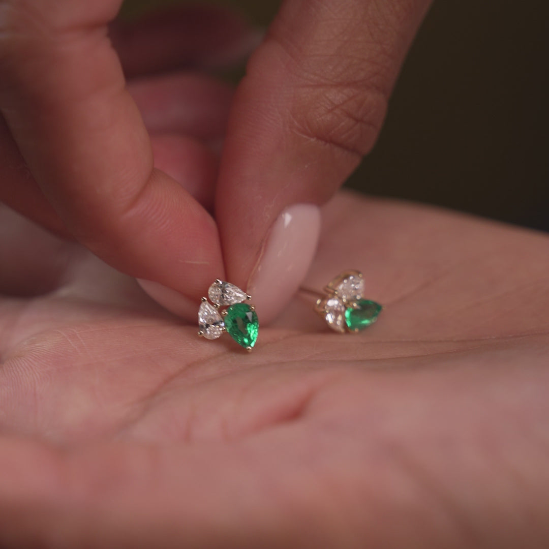 1.79 Ctw 14k Pear Shape Lab Grown Emerald and Diamond Stud Earrings - Fauna Ferkos Fine Jewelry
