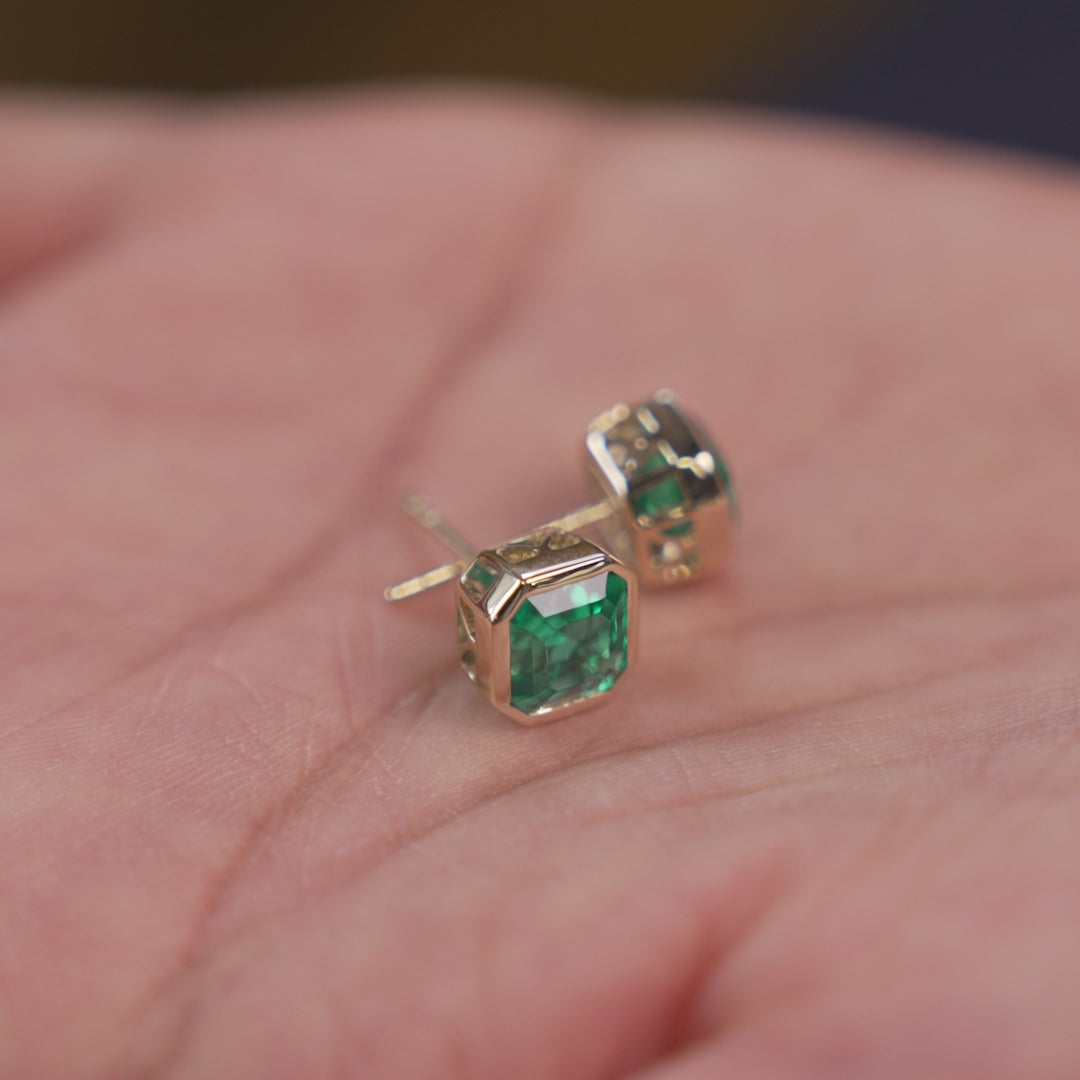 2.30 Ctw 14k Asscher Cut Lab Grown Colombian Emerald Bezel Stud Earrings - Enna Ferkos Fine Jewelry