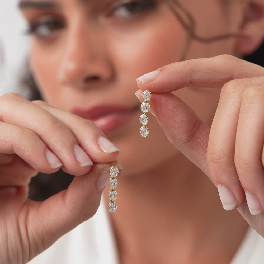 1.60 Ctw 14k Bezel Setting Oval Shape Lab Grown Diamond Dangling Stud Earrings - Bia Ferkos Fine Jewelry