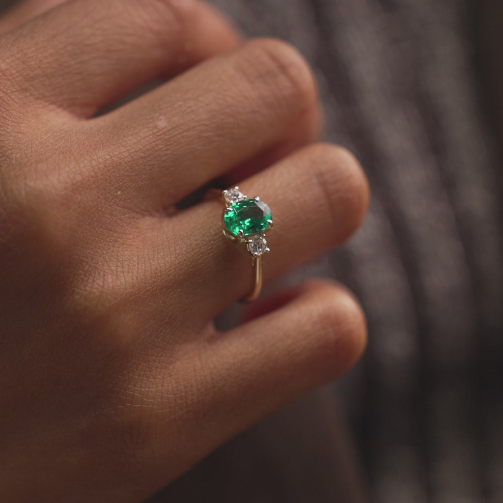 1.20 Ctw 14k Lab Grown Colombian Emerald and Diamond Three Stone Ring - Lyra Ferkos Fine Jewelry