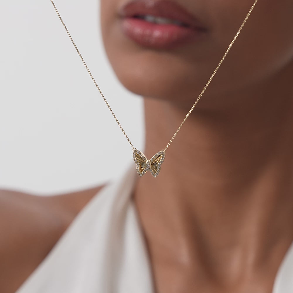 14K Gold Round Diamond Butterfly Necklace with Fluted Texture - 0.18 Ctw video
