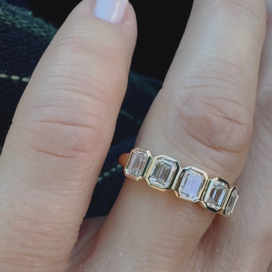 1.45 ctw 14k Bezel Setting Seven Stone Emerald Cut Lab Grown Diamond Wedding Ring - Zoey Ferkos Fine Jewelry