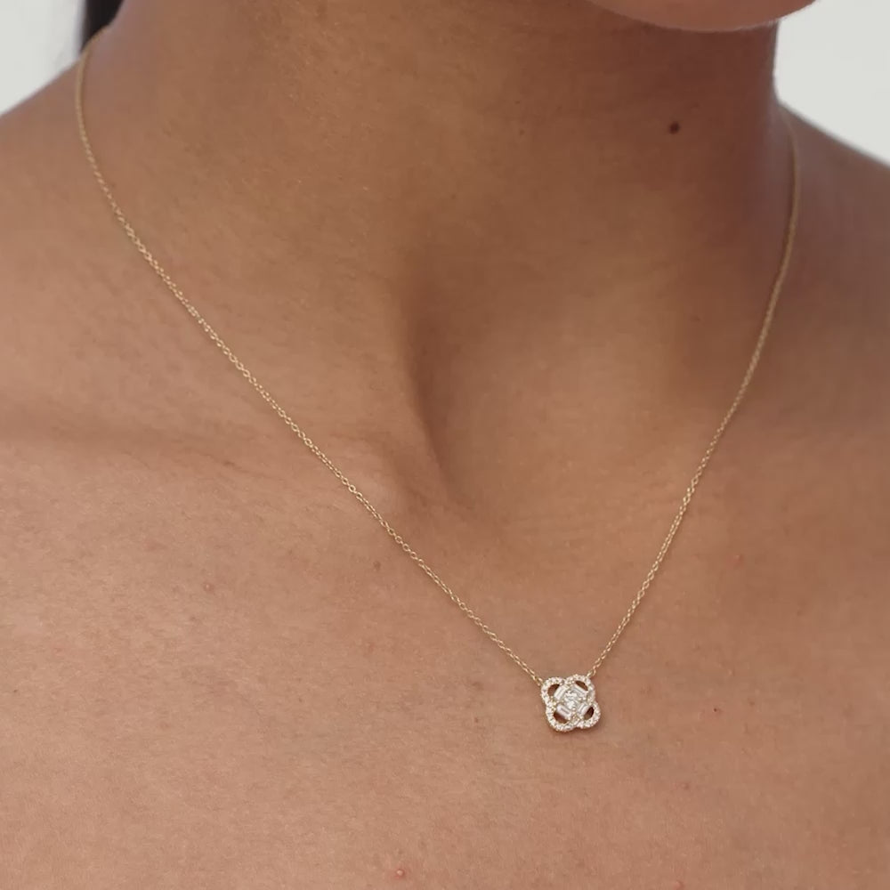 14k Baguette and Round Diamond Clover Pendant Necklace Ferkos Fine Jewelry
