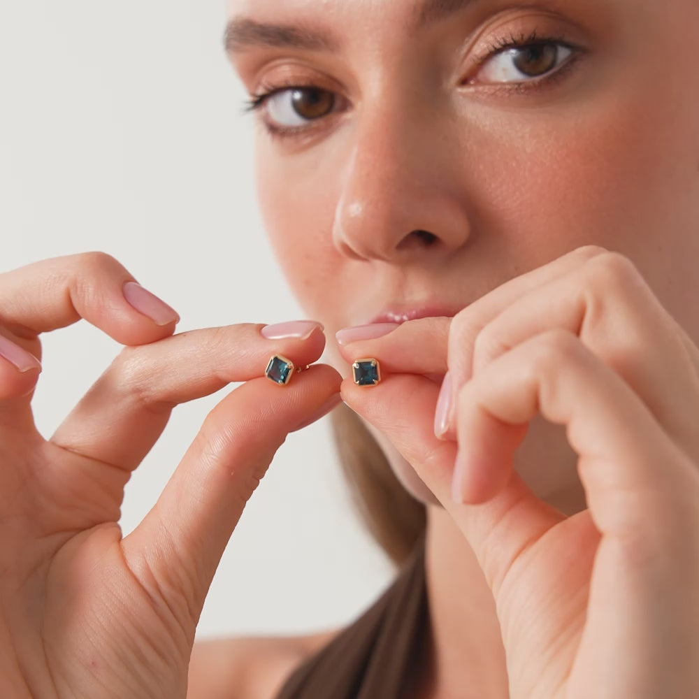 14K Asscher Cut London Blue Topaz Stud Earrings Ferkos Fine Jewelry