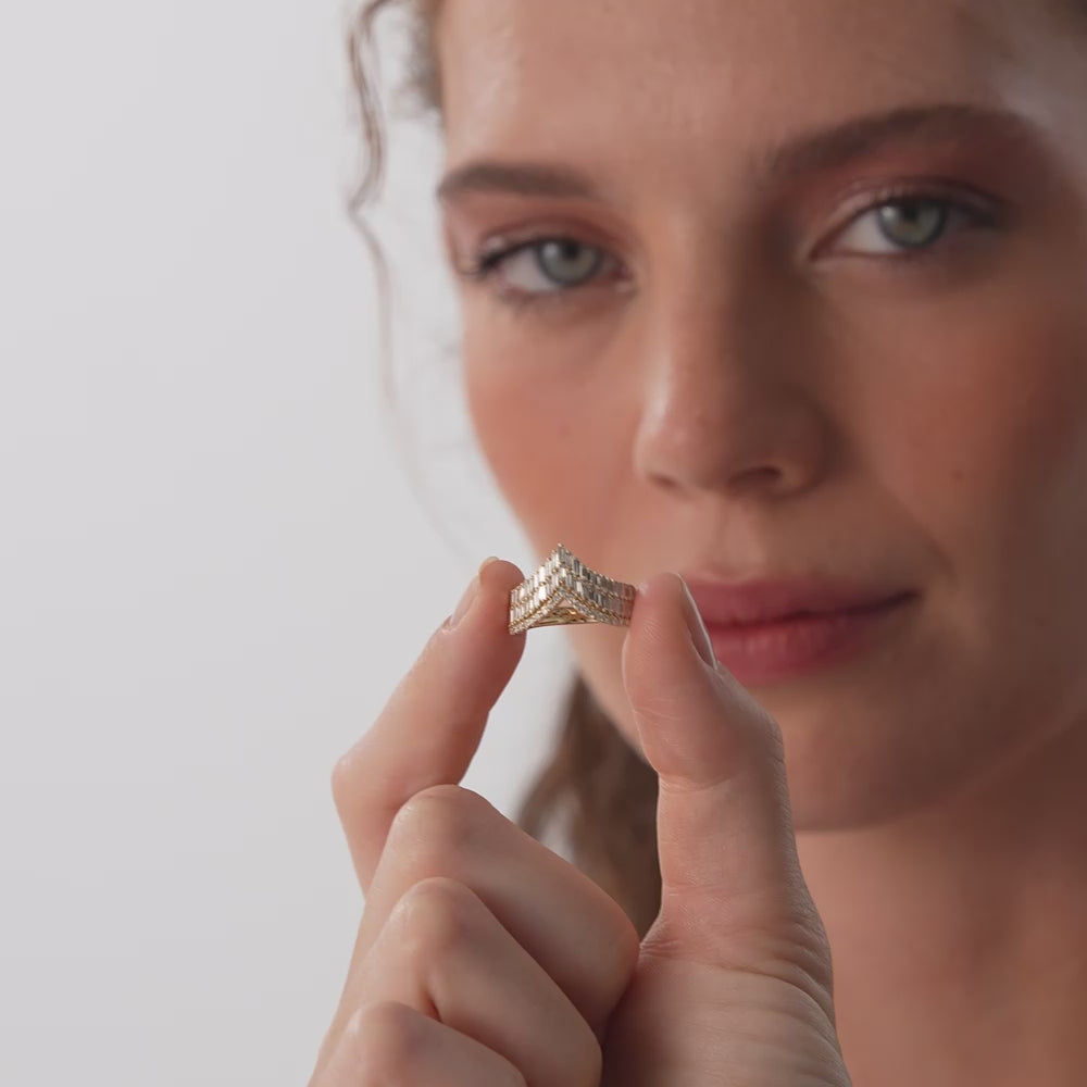 14k Baguette and Round Diamond Chevron Statement Ring Ferkos Fine Jewelry