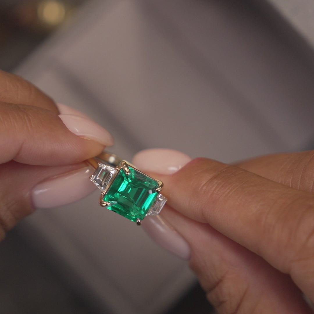 6.00 Ctw Lab Grown Colombian Emerald and Trapezoid Diamond Three Stone Engagement Ring - Demi Ferkos Fine Jewelry