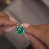 6.00 Ctw Lab Grown Colombian Emerald and Trapezoid Diamond Three Stone Engagement Ring - Demi Ferkos Fine Jewelry