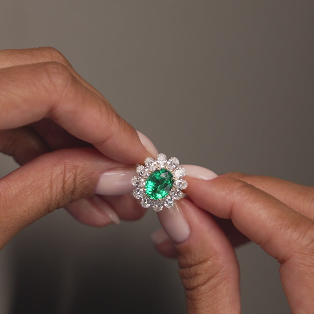 5.30 Ctw 14k Lab Grown Colombian Emerald and Oval Diamond Halo Statement Ring - Nysa Ferkos Fine Jewelry