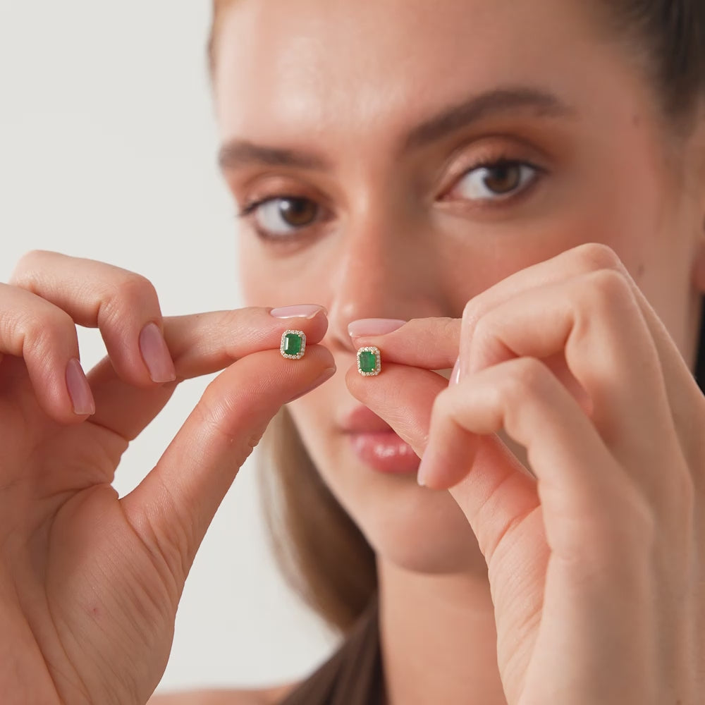14k Emerald and Diamond Halo Stud Earrings Ferkos Fine Jewelry
