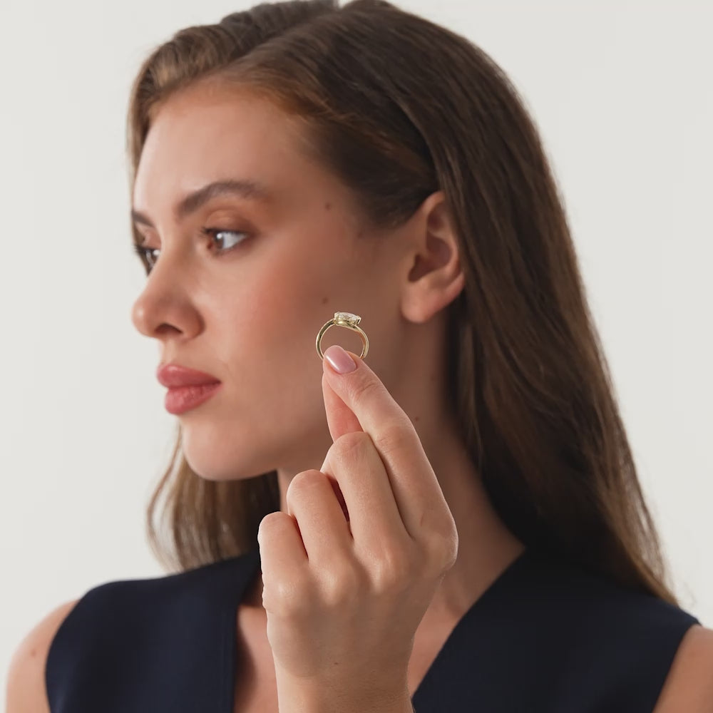 1.50 Ctw 14k Lab Grown Oval Shaped Curved Pavé Band Enagement Ring - Nadia Ferkos Fine Jewelry