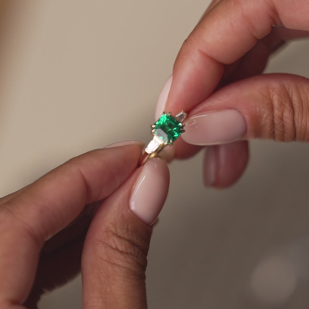 2.35 Ctw 14k Asscher Cut Lab Grown Colombian Emerald and Baguette Diamond Ring - Lena Ferkos Fine Jewelry