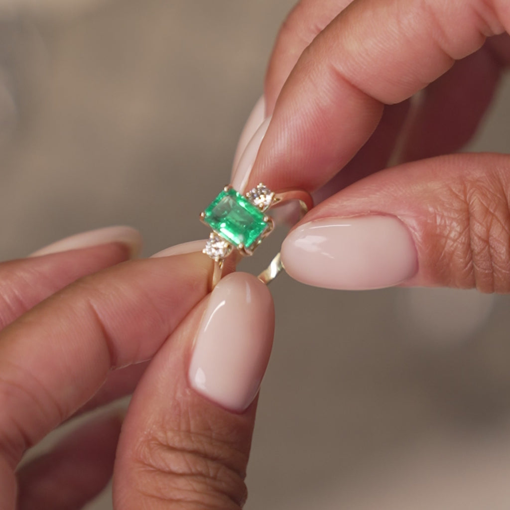 1.50 Ctw Lab Grown Colombian Emerald and Diamond Three Stone Ring - Thia Ferkos Fine Jewelry