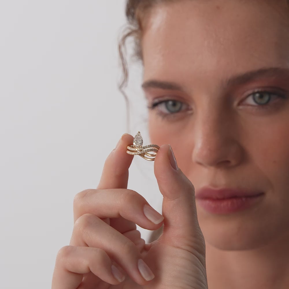 1.35 Ctw 14k Pear Shaped Lab Grown Twisted Pave Band Diamond Engagement Ring - Ivana Ferkos Fine Jewelry