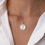 14k Baguette and Round Diamond Disc Ray Necklace
