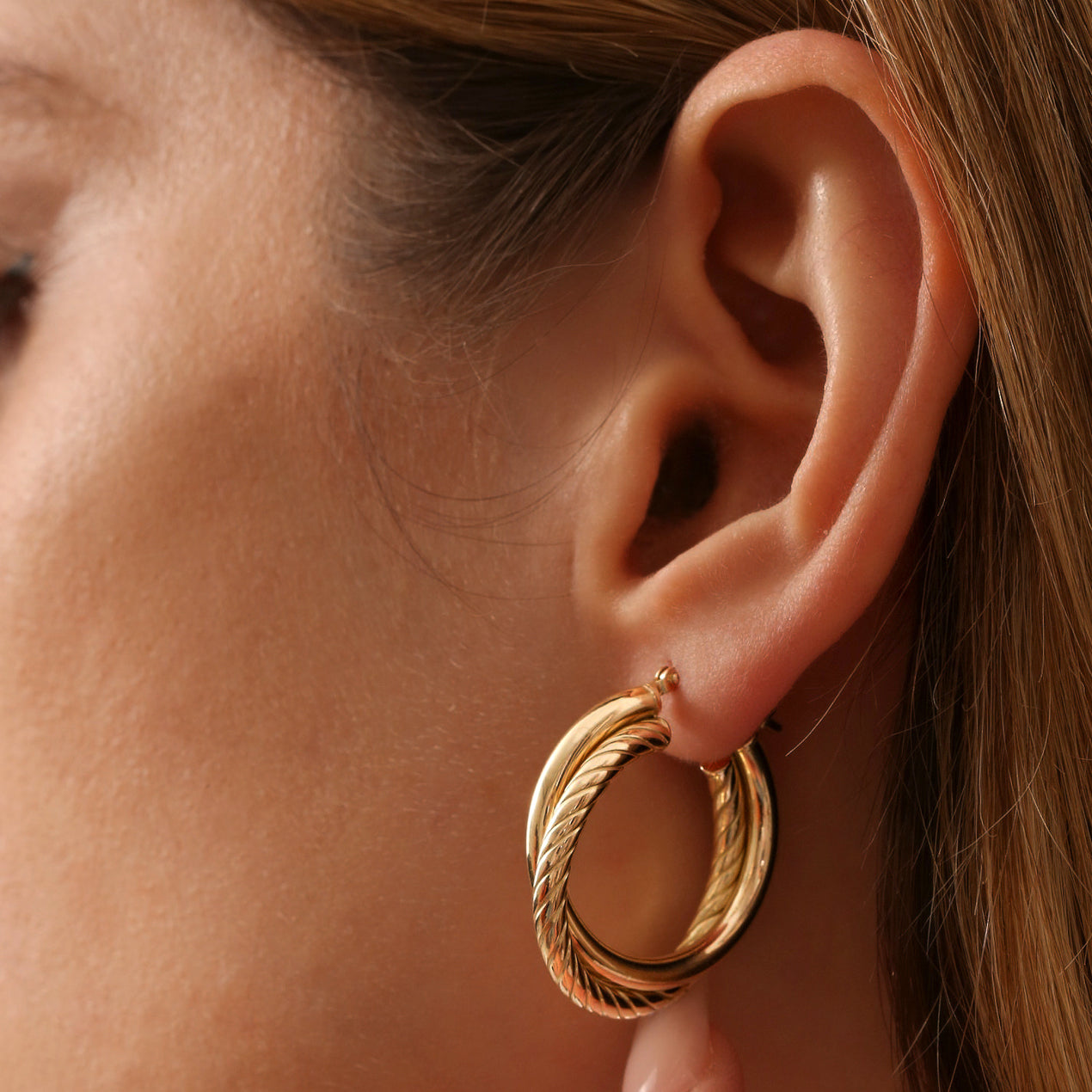 14K Solid Gold 30mm Thick Twisted Hoop Earrings – Fine Weave, Snap Closure – Handmade Women's Jewelry