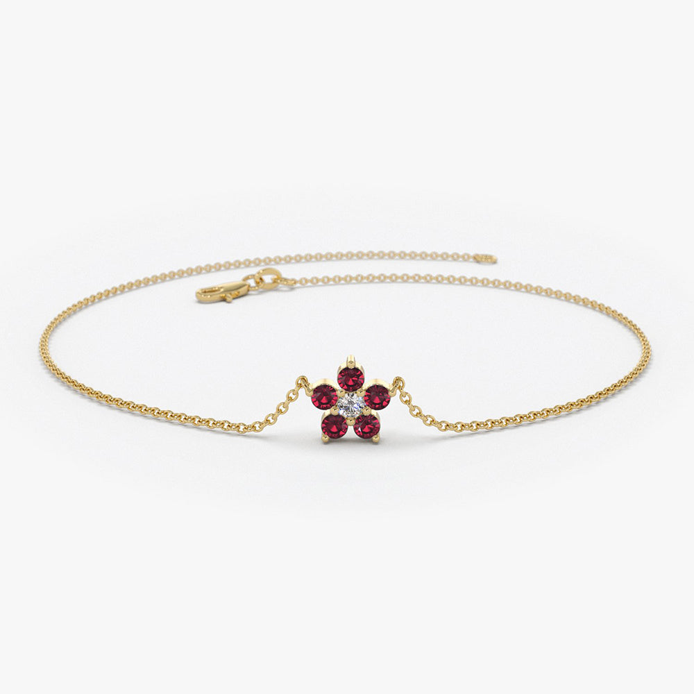 14K Ruby and Diamond Flower Charm Bracelet 14K Gold Ferkos Fine Jewelry