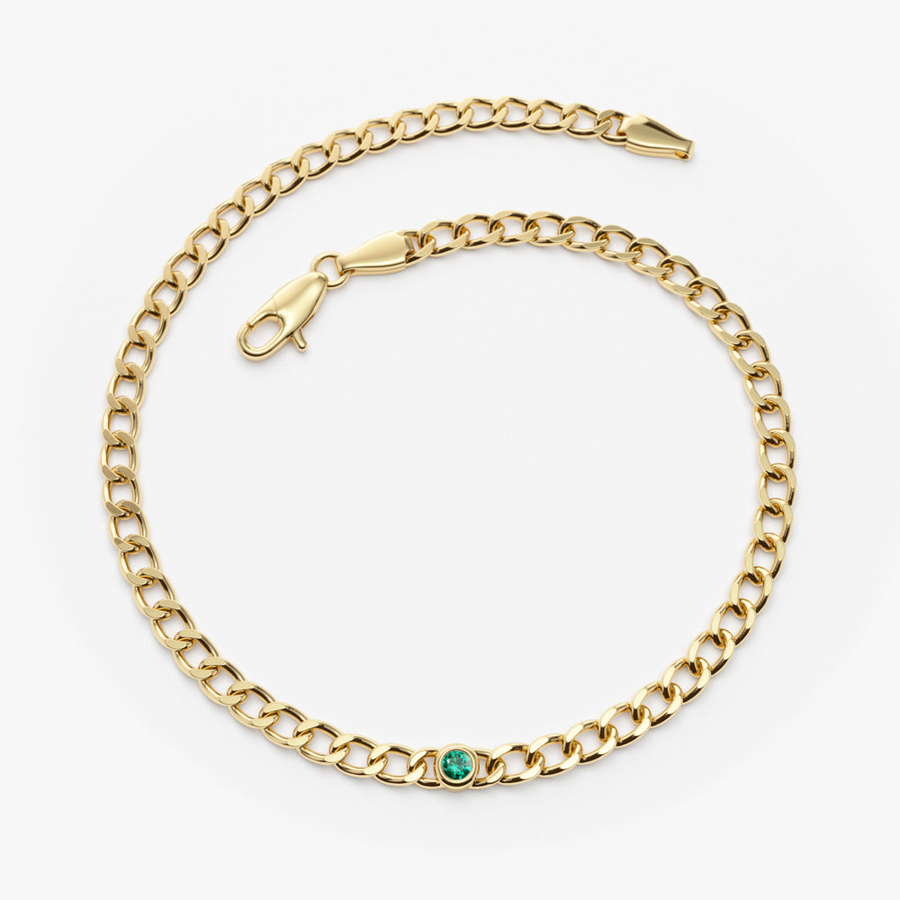 14k Gold Cuban Link Bracelet w/ Bezel Setting Emerald 1 Emerald Ferkos Fine Jewelry