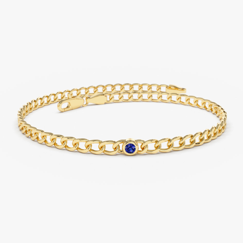 14k Gold Cuban Link Bracelet w/ Bezel Setting Sapphire 1 Sapphire Ferkos Fine Jewelry