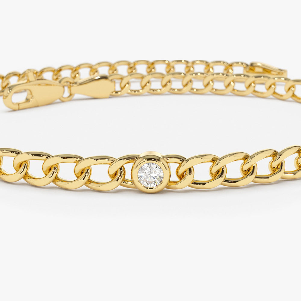 Bezel Diamond Cuban Link Bracelet 14K Gold