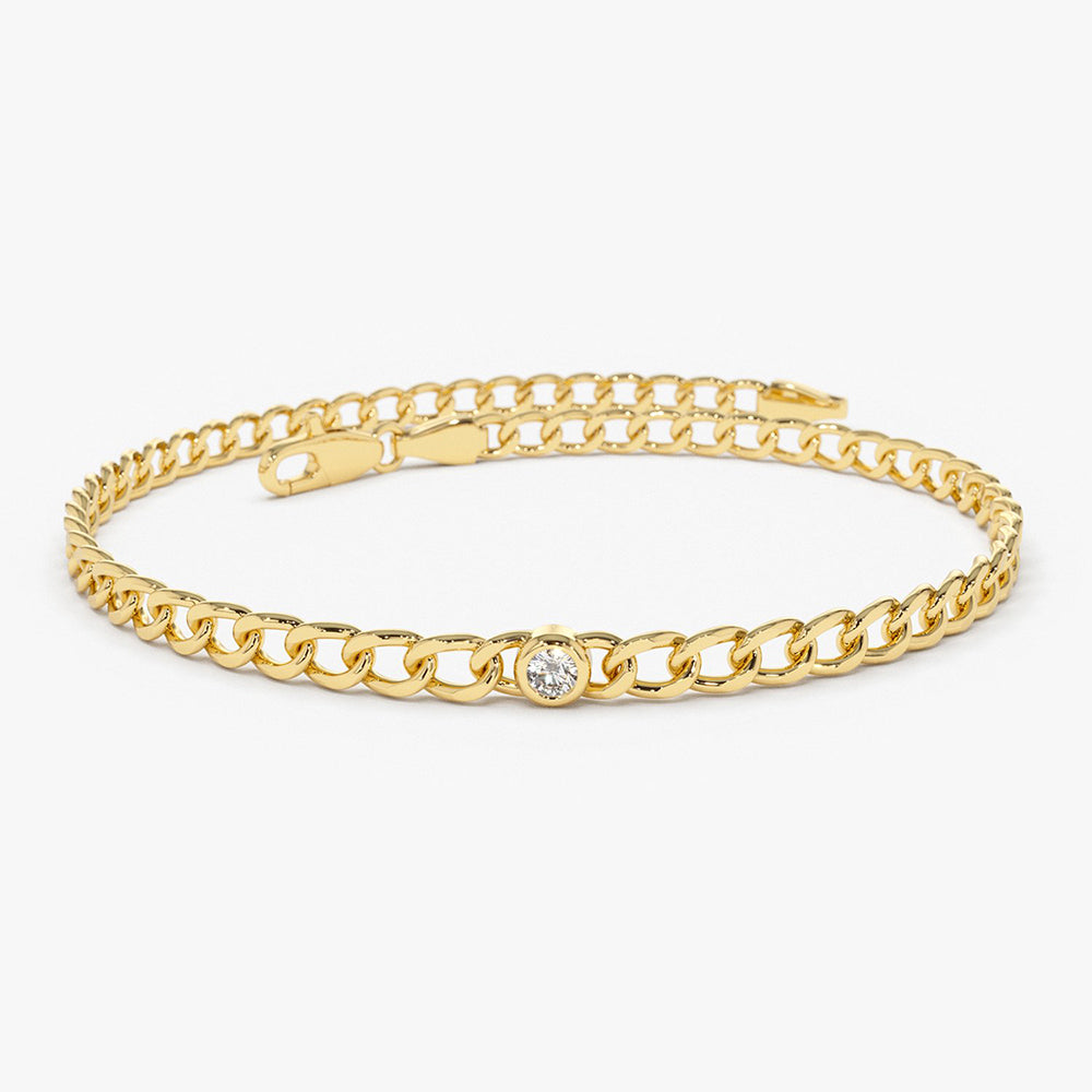 14k Gold Cuban Link Bracelet w/ Bezel Setting Diamond 1 Diamond Ferkos Fine Jewelry