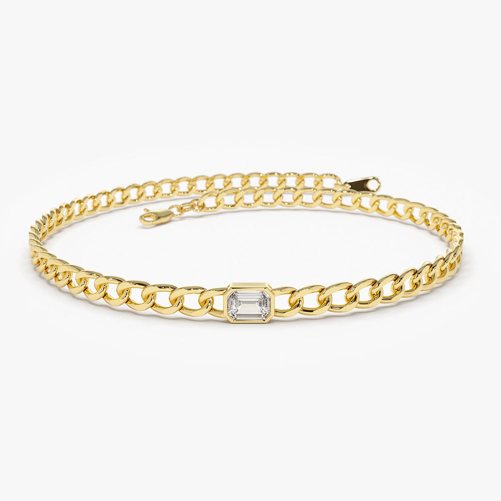 14K Gold Cuban Link Bracelet w/ Emerald Cut Diamond 1 Diamond Ferkos Fine Jewelry