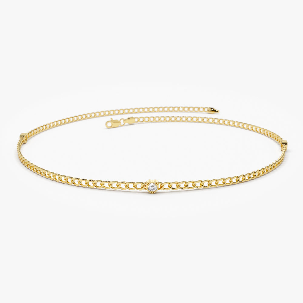 14k 2MM Curb Link Bracelet w/ Heart Shape Solitaire Round Diamonds 3 Diamonds Ferkos Fine Jewelry