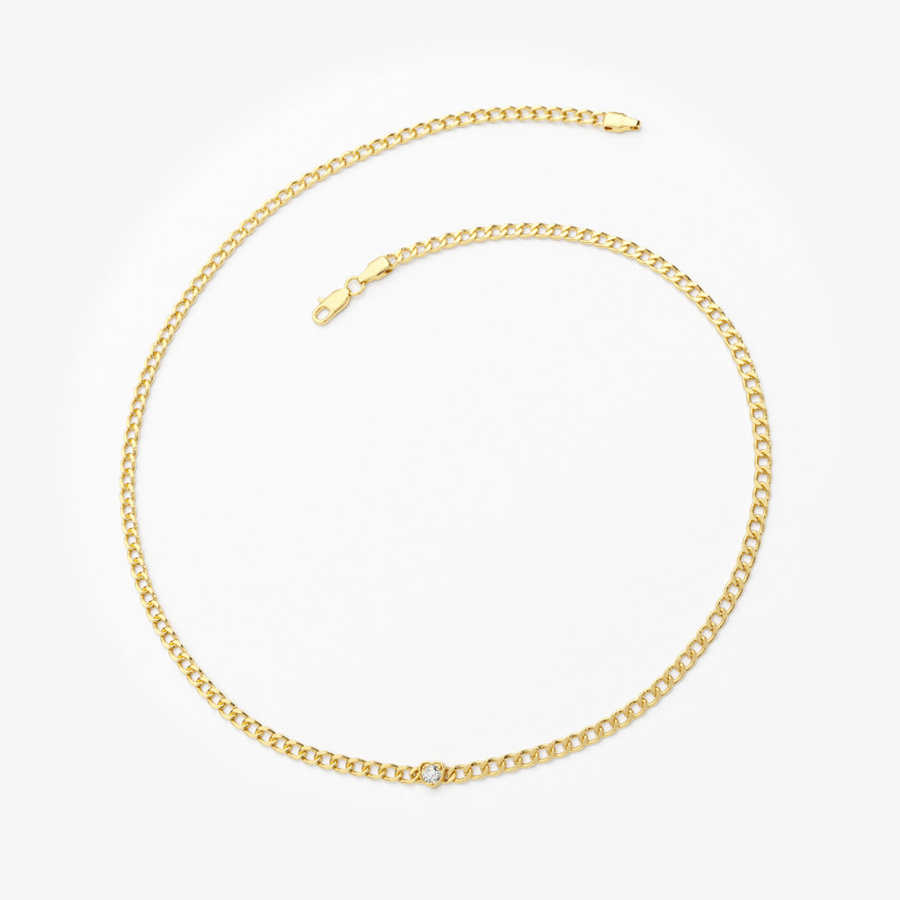 14k 2MM Curb Link Bracelet w/ Heart Shape Solitaire Round Diamonds  Ferkos Fine Jewelry