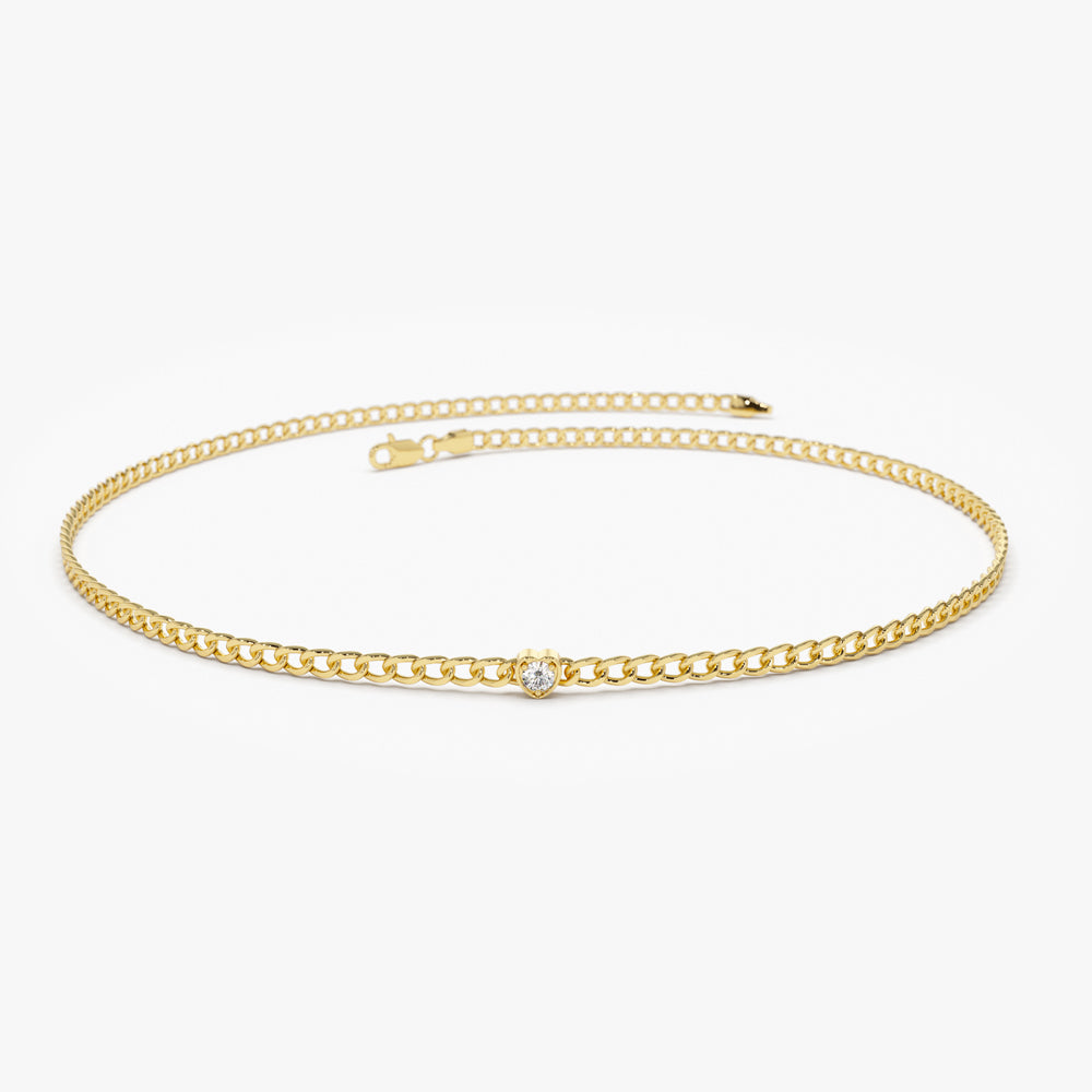 14k 2MM Curb Link Bracelet w/ Heart Shape Solitaire Round Diamonds 1 Diamond Ferkos Fine Jewelry