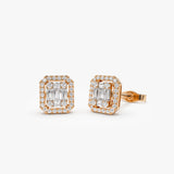 14k Baguette and Round Diamond Studs Halo Setting 14K Rose Gold Ferkos Fine Jewelry