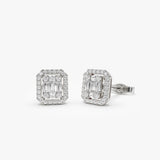 14k Baguette and Round Diamond Studs Halo Setting 14K White Gold Ferkos Fine Jewelry