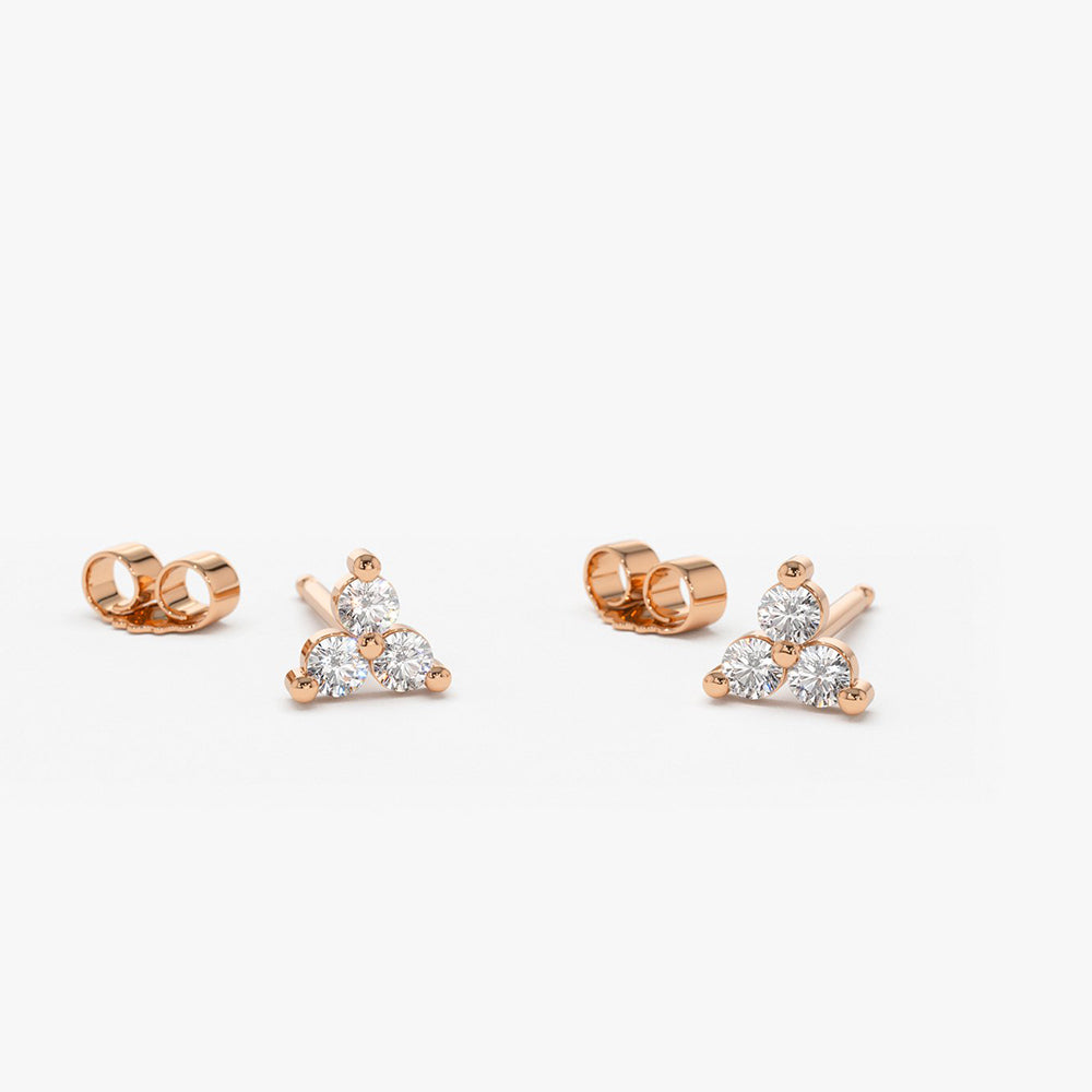 14K Gold Prong Setting Diamond Trio Tiny Stud Earrings 14K Rose Gold