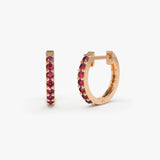 14K Gold Ruby Huggie Hoop Earrings 14K Rose Gold Ferkos Fine Jewelry
