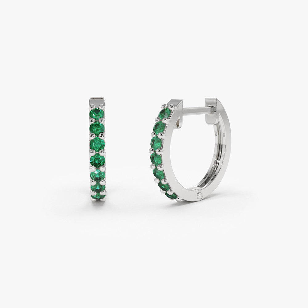 14K Gold Emerald Huggie Hoop Earrings