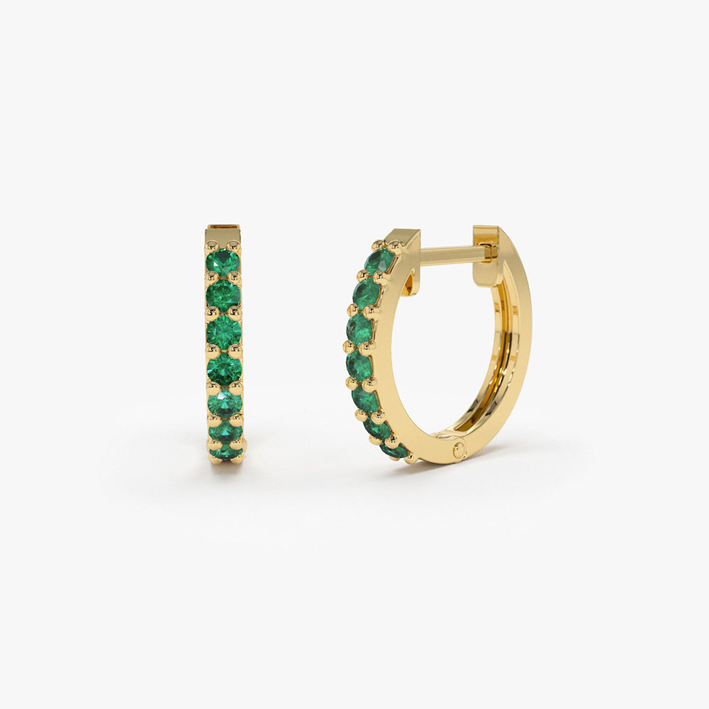 14K Gold Emerald Huggie Hoop Earrings 14K Gold Ferkos Fine Jewelry