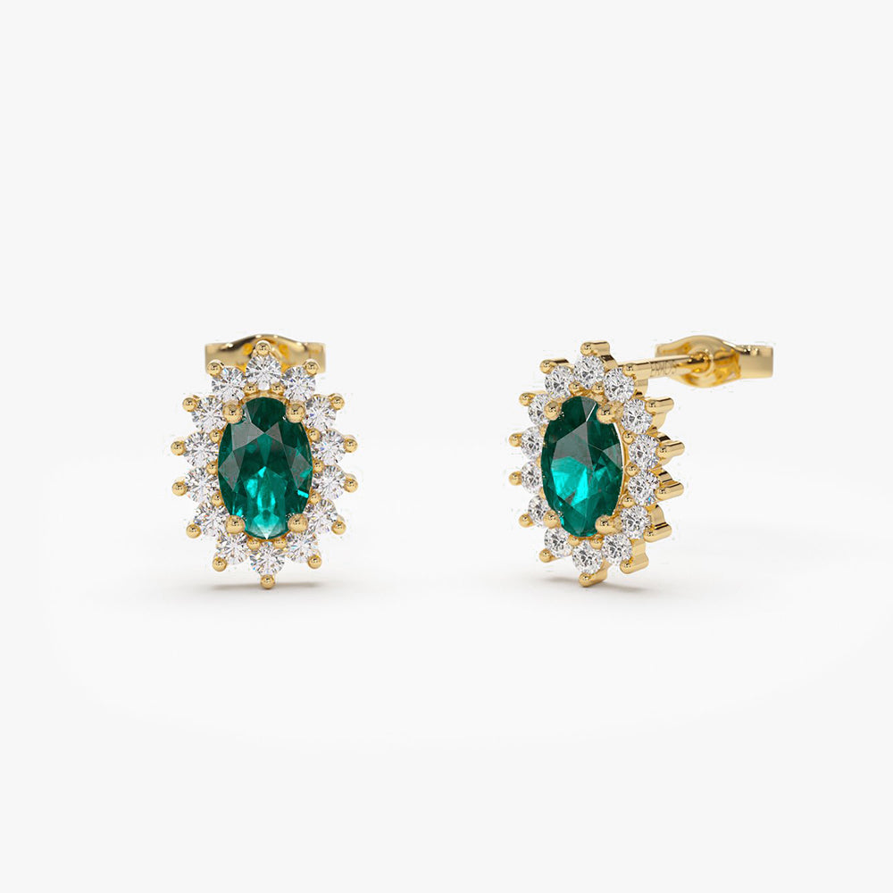 14k Emerald Earrings with Halo Diamonds 14K Gold Ferkos Fine Jewelry