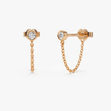14k Bezel Setting Diamond Studs Chain Earrings 14K Rose Gold Ferkos Fine Jewelry