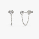 14k Bezel Setting Diamond Studs Chain Earrings 14K White Gold Ferkos Fine Jewelry