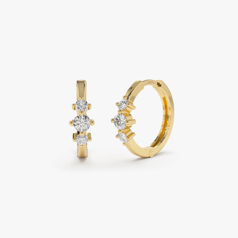 14k Three Stone Mini Diamond Huggies 14K Gold Ferkos Fine Jewelry