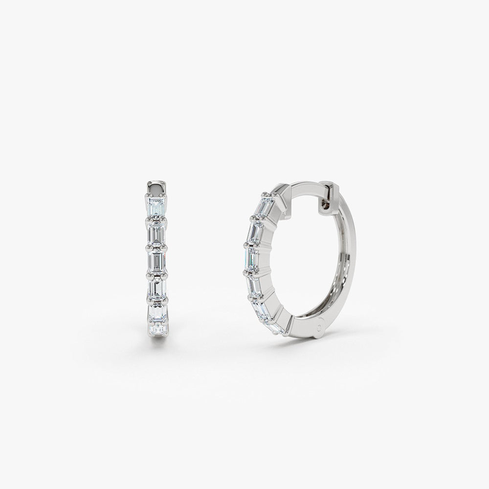 14K Gold Mini Baguette Huggie Earrings 14K White Gold Ferkos Fine Jewelry