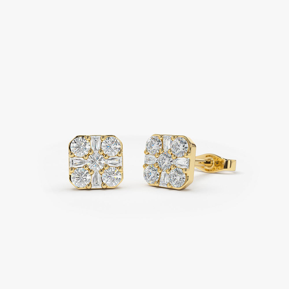 14k Square Baguette and Round Diamond Earrings 14K Gold Ferkos Fine Jewelry